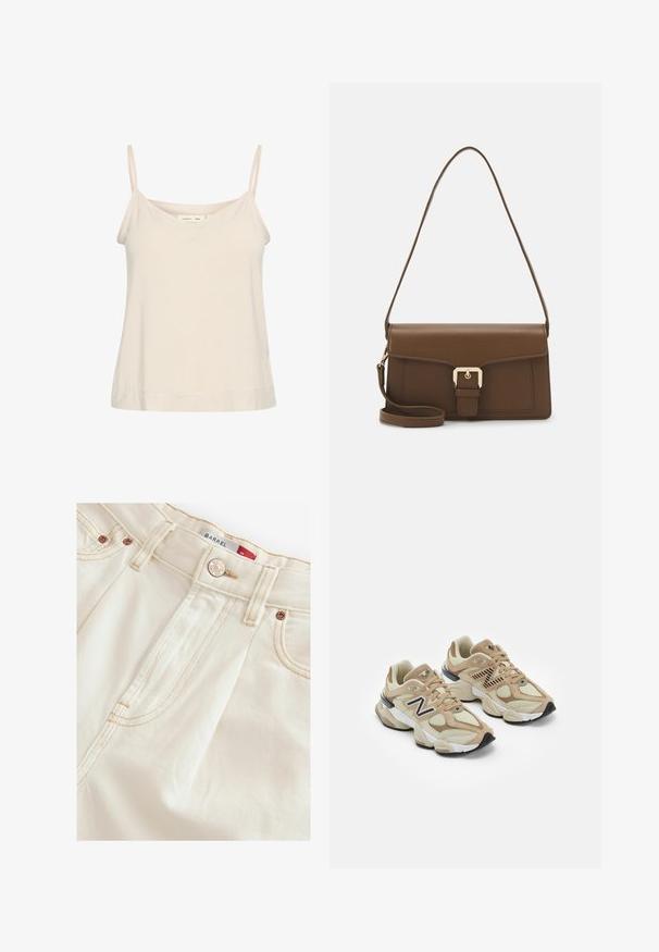Jasno beżowy top na ramiączkach wykonany z miękkiego materiału, z cienkimi regulowanymi ramiączkami i dekoltem w kształcie litery V, o delikatnie luźnym kroju.; Kremowe spodnie o subtelnej strukturze, wyposażone w zamek błyskawiczny, mosiężne okucia oraz kontrastowe przeszycia wzdłuż szwów i kieszeni.; Beżowe sneakersy z siateczki i zamszu. Zawierają czarne logo i teksturowane akcenty. Gruba biała środkowa podeszwa i czarna gumowa podeszwa.; Brązowa skórzana torebka o prostokątnym kształcie, z klapką z przodu, złotymi elementami i długim, regulowanym paskiem.