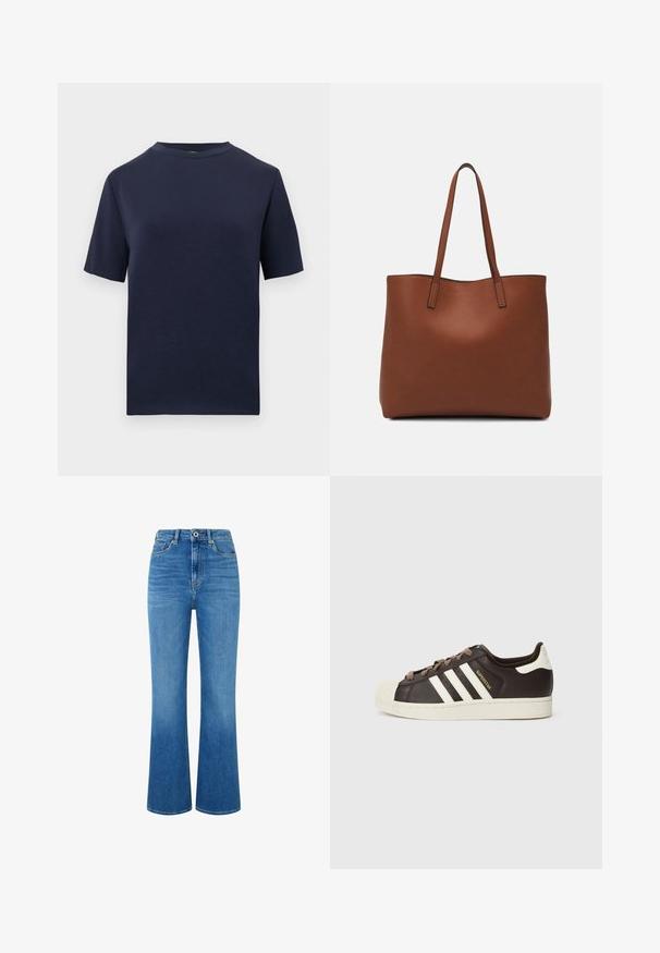 Mörkblå kortärmad T-shirt med rund halsringning, enkel design, visad liggande mot en vit bakgrund.; Ljust blå denim flare jeans med hög midja, med framfickor, dragkedja och lätt blekning för struktur. Ingen synlig logotyp.; Low-top Adidas Superstar-sneaker i mörkbrunt läder med krämfärgad tåhätta, vita ränder och texten "Superstar" på sidan.; Brun läder tote-väska med en slät textur, öppen toppdesign och två axelremmar. Har minimal söm och ingen synlig metalldetalj.