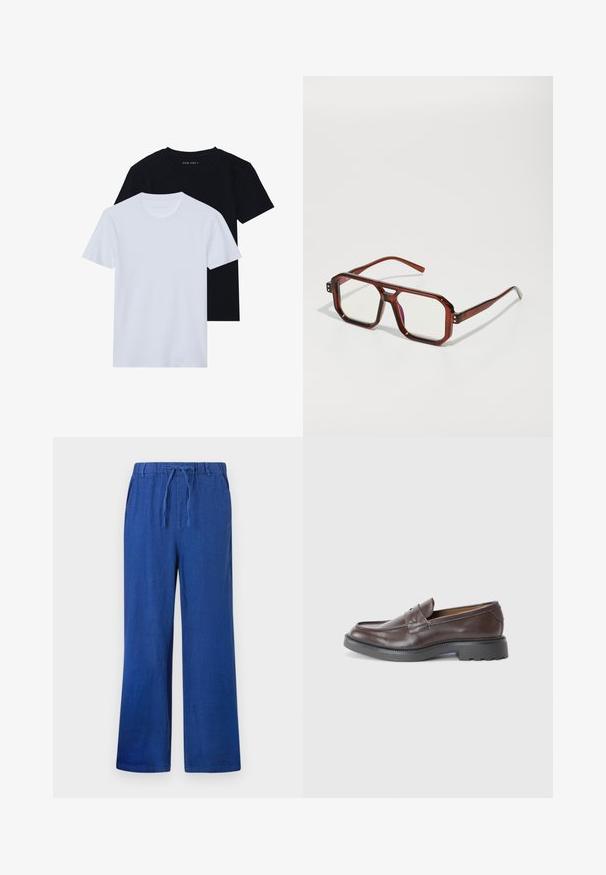 Zwei kurzärmelige Rundhals-T-Shirts, eines schwarz und eines weiß, aus weichem Baumwollmaterial mit einer gerippten Textur. Klassische Passform.; Blaue weite Hosen mit elastischem Bund und Kordelzug, mit Seitentaschen, vor einem weißen Hintergrund präsentiert.; Braune Lederloafers mit glatter Oberfläche, runder Zehenpartie, minimaler Naht und dicker schwarzer Gummisohle. Kein sichtbares Zubehör oder Akzente.; Braune transparente übergroße Brillen mit rechteckigen Gläsern und schlanken Bügeln. Abgewinkelte, leicht abgerundete Ecken und sichtbare Hardware-Akzente.; Silberne Metall-Uhr mit einem gebürsteten blauen Zifferblatt, weißen Stundenmarkierungen und einem Datumsanzeiger. Verfügt über ein verlinktes Metallarmband und ein Markenlogo.