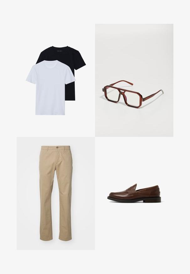 Kaksi lyhythihaista pyöreäkauluksista t-paitaa, yksi musta ja yksi valkoinen, valmistettu pehmeästä puuvillamateriaalista, jossa on röpelöinen pinta. Klassinen istuvuus.; Beige chinos dengan desain kaki lurus, terbuat dari kain katun, menampilkan satu kancing depan dan pinggang standar dengan loop ikat pinggang.; Ruske nahkasaappaat, joissa on pyöreä kärki, sisään ommeltu ommel ja matala pinottu korko. Sileä rakenne ja minimalistinen muotoilu.; Ruskeista läpinäkyvistä ylisuurista laseista, joissa on suorakulmaiset linssit ja hoikat varsiosat. Kulmat ovat viistetyt ja hieman pyöristetyt, ja näkyviä varusteita on lisätty.; Harmaa metallikello, jossa on harjattu sininen taulu, valkoiset tuntimerkit ja päivämääränäyttö. Varustettu linkitetyllä metallirannekkeella ja brändin logolla.