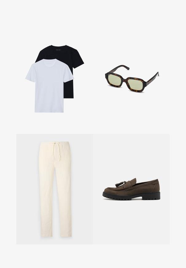 Dwa koszulki z krótkim rękawem, jedna czarna i jedna biała, wykonane z miękkiego materiału bawełnianego o prążkowanej fakturze. Klasyczny krój.; 120% Lino - Spodnie materiałowe; Brązowe zamszowe loafersy z gładką cholewką, okrągłym noskiem i ozdobnym frędzlem. Posiadają solidną czarną gumową podeszwę zapewniającą przyczepność.; Okulary przeciwsłoneczne w deseń żółwi z zielonymi szkłami, prostokątny kształt, szerokie oprawki i gładkie wykończenie. Akcenty na zausznikach.; Beżowa torba płócienna na ramię z dwoma uchwytami, z dużym ciemnobrązowym napisem logo "THE NORTH FACE" oraz półokrągłym elementem graficznym.; Srebrny zegarek metalowy z satynową niebieską tarczą, białymi znacznikami godzin oraz wyświetlaczem daty. Posiada ogniwowy metalowy pasek i logo marki.