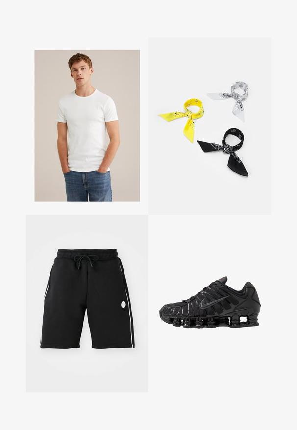 Tânăr cu părul creț scurt, îmbrăcat cu un tricou alb cu mânecă scurtă și blugi, stând cu mâinile în buzunare.; Pantaloni scurți negri din material de trening, cu talie elastică și șnur reglabil. Prezintă dungi albe pe laturi și un accent cu logo circular.; Pantof de sport negru cu un superior din plasă și materiale sintetice, prezentând un design nervurat, șireturi și o talpă groasă cu unități de amortizare vizibile.; Trei batiste: una galbenă cu motive negre, una albă cu desene negre și una neagră cu grafică albă. Toate sunt pătrate, dintr-un material ușor.