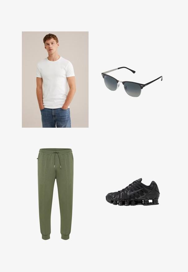 Młody mężczyzna z krótkimi, kręconymi włosami, ubrany w gładki, biały t-shirt z krótkim rękawem i niebieskie dżinsy, stoi z rękami w kieszeniach.; Spodnie dresowe w oliwkowej zieleni wykonane z miękkiego materiału, z paskiem ściągającym w talii, bocznymi kieszeniami oraz ściągaczami przy nogawkach zapewniającymi dopasowanie.; Czarne buty sportowe wykonane z siateczki i materiałów syntetycznych, z charakterystycznym falistym wzorem, czarną gumową podeszwą i odblaskowymi elementami.; Czarno-srebrne okulary przeciwsłoneczne w kształcie kociego oka, z gradientowymi soczewkami i metalowymi akcentami na oprawie. Plastikowe ramiona z szarymi końcówkami.
