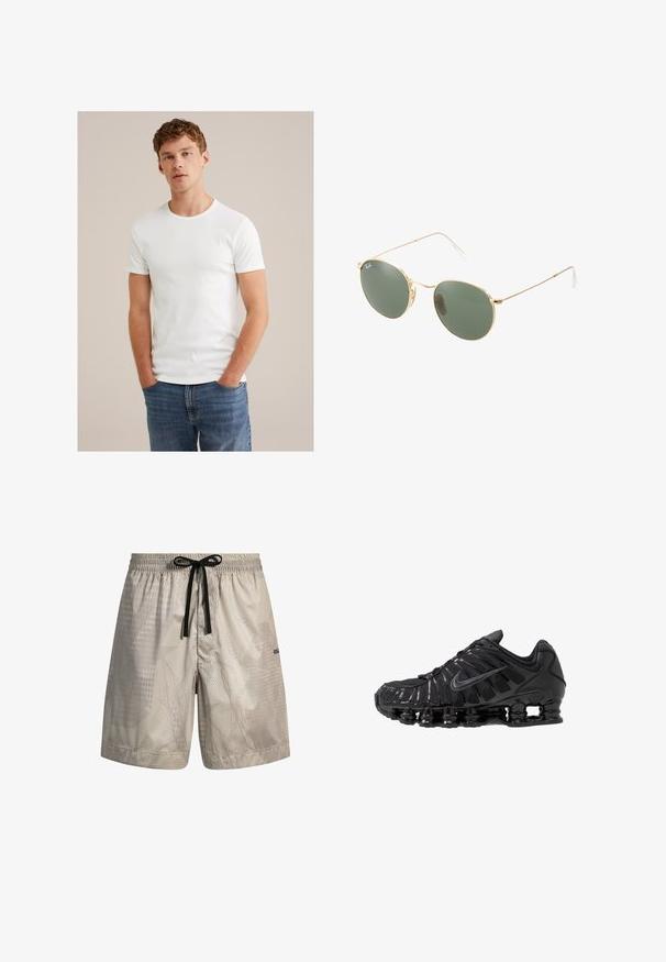 Mies nuori, jolla on lyhyet kiharat hiukset, pukeutuneena yksinkertaiseen valkoiseen lyhythihaiseen t-paitaan ja sinisiin farkkuihin, seisoo kädet taskuissa.; Vaaleanharmaat uimapuvut, joissa on abstrakti kuvio, joustava vyötärö ja musta nyöri. Alalegessä hienovarainen brändäys.; Mustat urheilukengät, jotka on valmistettu verkkokankaasta ja synteettisistä materiaaleista. Niissä on erottuva aaltoileva kuvio, musta kumipohja ja heijastavia yksityiskohtia.; Kultaiset metallikehyiset aurinkolasit, joissa on vihreät linssit, pyöreä muoto, ohuet templet ja valkoiset muoviset korostukset varsien päissä.