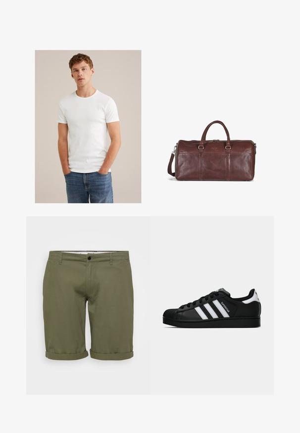 Jeune homme avec des cheveux courts et bouclés, portant un t-shirt blanc à manches courtes et un jean bleu, se tenant avec les mains dans les poches.; Shorts vert olive avec une texture lisse, ourlets retroussés, bouton à la taille avant et poches latérales. Design simple et ajusté pour un look décontracté.; Baskets Adidas Superstar noires avec rayures blanches, bout en coque, et texte "Superstar" sur le côté, montrées en profil sur fond blanc.; Sac de voyage en cuir marron avec deux poignées, une bandoulière réglable et un branding subtil. Il présente une texture lisse et une forme arrondie.