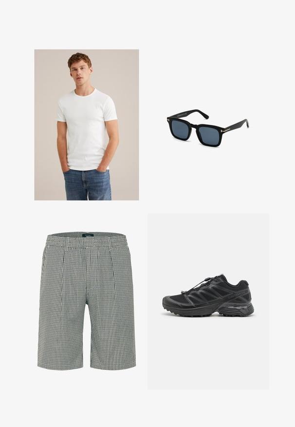 Giovane uomo con capelli ricci corti che indossa una maglietta bianca a maniche corte e jeans blu, in piedi con le mani nelle tasche.; Pantaloni shorts da uomo in un motivo a quadri blu navy e crema. Caratterizzati da un davanti piatto, due tasche laterali e una vita con passanti per la cintura.; Scarpa da corsa nera con tomaia in mesh e sintetico, suola flessibile e lacci elastici. Presenta una soletta imbottita per il comfort.; Occhiali da sole neri a forma quadrata con lenti scure, finitura opaca e dettagli in metallo dorato sulle tempie, caratterizzati da un design minimalista.