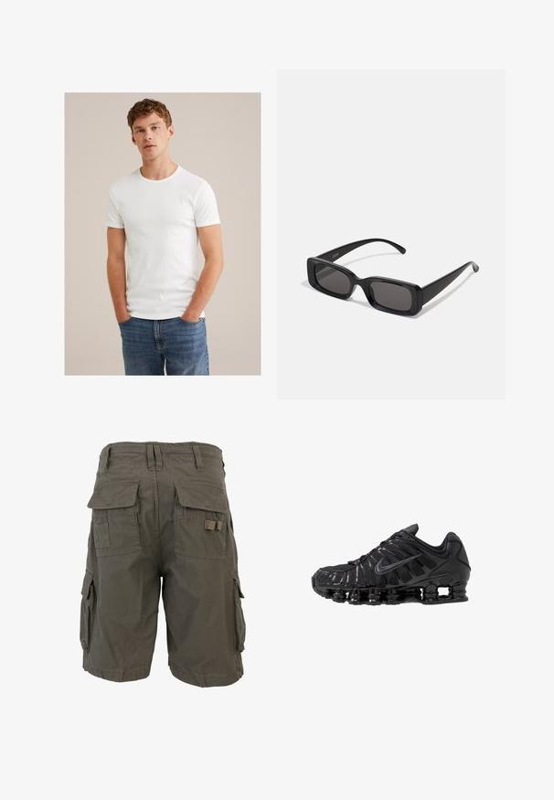Jauns vīrietis ar īsiem, cirtainiem matiem, tērpies vienkāršā baltā īsajā krekā ar īsām piedurknēm un zilos džinsos, stāv ar rokām kabatās.; Olīvzaļa kravas šorti ar brīvu piegriezumu, kurām ir vairāki sānu kabatas un izturīga auduma. Ir jostas cilpas un adatotas detaļas.; Melnas sporta kurpes no acs un sintētiskiem materiāliem ar izteiktu viļņotu dizainu, melnu gumijas zoli un atstarojošām detalizācijām.; Melnas taisnstūrveida saulesbrilles ar tumšiem stikliem, spīdīga apdare, platas kājas un masīvs rāmja dizains. Uz vienas kājas ir iegravēts zīmola nosaukums.