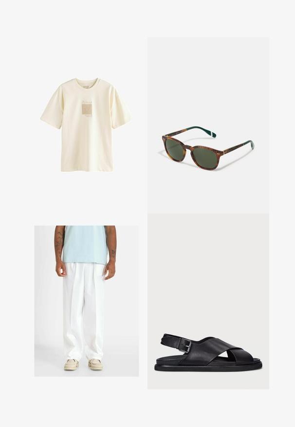 Cream-colored t-shirt made of soft cotton, featuring a minimalist Picasso-inspired graphic print in a slightly textured design.; White wide-leg trousers with a smooth texture, featuring front pleats. Worn with a light blue top and beige shoes.; Polo Ralph Lauren ZANE LEATHER SANDAL - Sandals - black; Tortoiseshell sunglasses with green lenses, rounded shape, gold accents, and dark green arms featuring a white stripe.