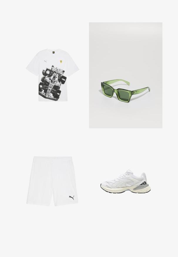 Witte katoenen T-shirt met een zwart-grijze afbeelding van een Formule 1-auto. Inclusief Puma-logo en Ferrari-embleem op de borst.; Witte sportshorts van lichte stof, met een elastische tailleband en een klein zwart logo aan de onderkant aan de linkerkant.; Witte sportschoen met bovenwerk van mesh-stof, textuurdetails, een gevoerde zool en zwarte accenten op de hak. Rond neuzenontwerp.; Groene rechthoekige zonnebril met stevige donkere lenzen, dikke transparante monturen en een lichte glanzende afwerking. Accenten op de veren.