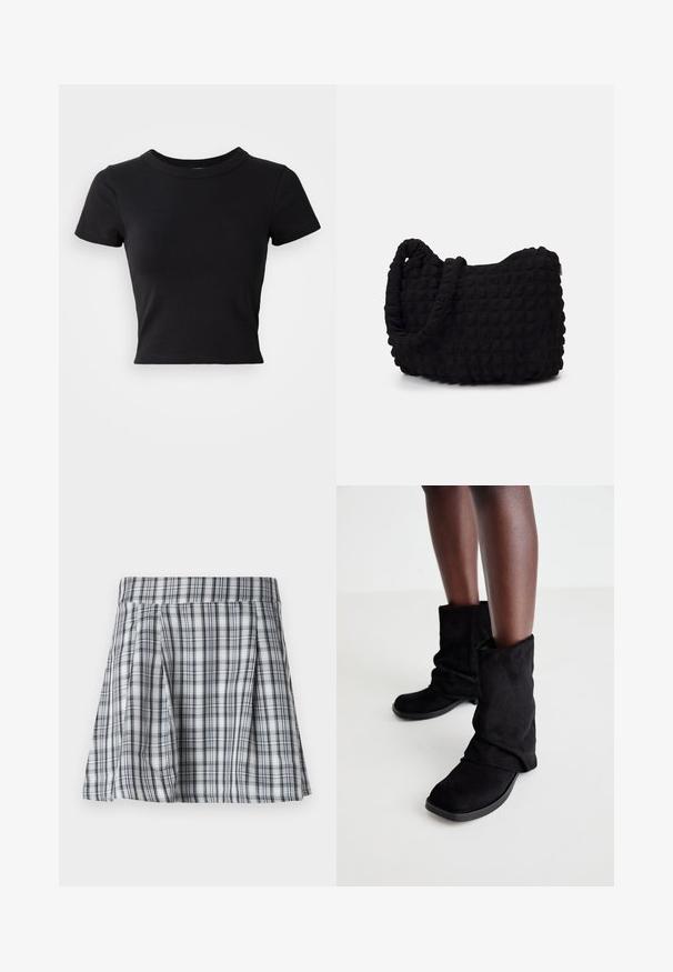 T-shirt cropped preta, feita de algodão sólido, com mangas curtas e decote redondo, com um design liso e simples.; Saia mini em xadrez cinza e branco, com pregas e uma cintura. Feita de tecido leve, com riscas verticais e horizontais.; Botas de tornozelo em camurça preta com um design solto, apresentando uma sola plana e um bico quadrado, exibidas contra pernas escuras em um fundo claro.; Saco de tecido preto com um padrão texturizado e acolchoado. Forma arredondada, alças curtas e grossas, e uma estrutura macia e flexível.