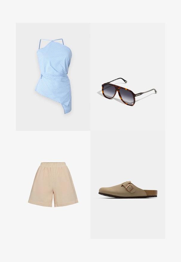 Top cu dungi albastre și albe, cu un croi asimetric, bretele subțiri și un cordon ajustabil în talie pentru o potrivire personalizată. Material ușor, cu o textură netedă.; Moves PYNNA - Pantaloni scurți - tangerine; Saboți bej cu vârf rotund, accent cu cataramă ajustabilă și talpă din plută. Suprafață texturată cu o talpă din cauciuc negru pentru aderență.; CHLOÉ Ochelari de soare - havana