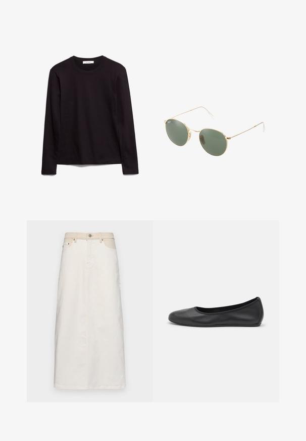 Černé pánské tričko s dlouhým rukávem a kulatým výstřihem z texturované látky, s rovnými lemy a prošívanými detaily na límci a ramenou.; Bílá džínová sukně s vysokým pasem, předními kapsami a rovnými liniemi. Disponuje kontrastním švem a uzavíráním na knoflík a zip.; Černé kožené baletní byty s kulatou špičkou, hladkou texturou, minimálními švy a flexibilním designem podrážky.; Sluneční brýle s metalickým zlatým rámem a zelenými skly, kulatého tvaru, s tenkými stranami a bílými plastovými akcenty na koncích ramen.