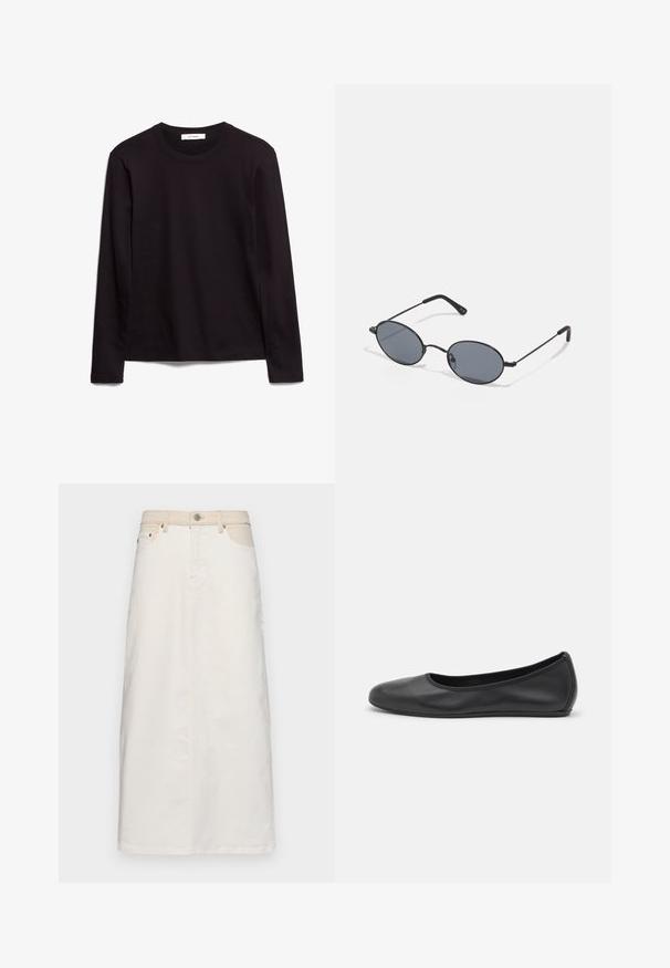 Svart långärmad t-shirt med rund halsringning, tillverkad av texturerad tyg, med rak nederkant och sydda detaljer vid kragen och axlarna.; Vit denimkjol med hög midja, framfickor och rak skärning. Den har kontrasterande sömmar samt knapp- och dragkedjestängning.; Svart läderballerinaskor med rund tå, slät yta, minimala söm detaljer och en flexibel sula.; Svarta ovala solglasögon med mörka linser och tunna metallbågar. Har smala armar med en subtil kurva i ändarna.