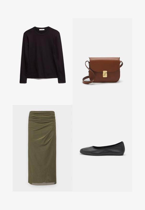 T-shirt noir à manches longues et col rond en tissu texturé, avec un ourlet droit et des accents cousus au col et aux épaules.; Jupe midi vert olive en tissu lisse, avec des détails froncés à la taille et une silhouette droite avec un léger éclat.; Ballerines en cuir noir avec un bout rond, texture lisse, détails de couture minimalistes et design de semelle flexible.; Sac à main en cuir marron avec une fermeture à rabat, des accents en métal doré, une bandoulière et une texture lisse. Forme rectangulaire compacte.