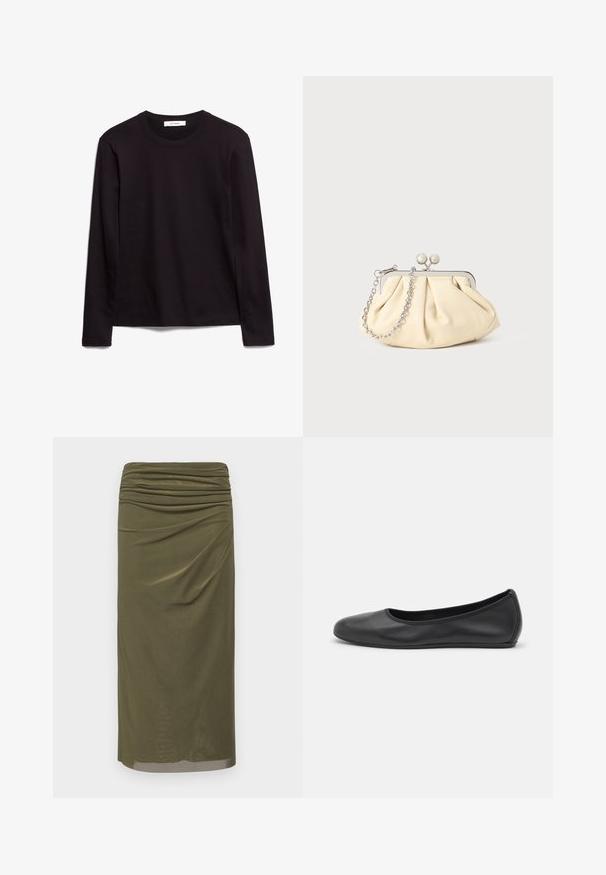 Čierne tričko s dlhým rukávom a okrúhlym výstrihom, vyrobené z textúrovanej látky, s rovnou spodnou časťou a prešitými detailmi na golieri a ramenách.; Olivovo zelená midi sukňa vyrobená z hladkého materiálu, s nariasenými detailmi v oblasti pásu a rovnou siluetou so subtílnym leskom.; Čierne kožené baleríny s okrúhlou špičkou, hladkým povrchom, minimálnym prešívaním a flexibilným dizajnom podrážky.; Zhlý béžový kožený klobúk so strieborným kovovým rámom, ktorý má dve okrúhle dekoratívne zámky a strieborný reťazový popruh.