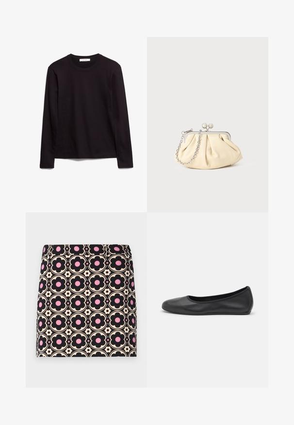Zwarte langemouwen crewneck t-shirt van textuurstof, met een rechte zoom en gestikte accenten op de kraag en schouders.; Zwarte minirok met een herhalend bloemenpatroon in zwart, roze en crème. Gladde structuur met een aansluitend ontwerp en een elastische tailleband.; Zwarte leren ballerina met een ronde neus, gladde textuur, minimale stikdetails en een flexibele zoolontwerp.; Geplooide beige leren clutch met een zilveren metalen frame, voorzien van twee ronde decoratieve sluitingen en een zilveren kettingriem.