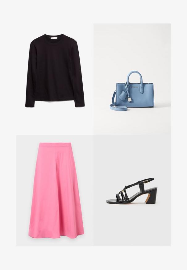 Fekete hosszú ujjú környakú póló, texturált anyagból készült, egyenes szegéllyel és varrott díszítésekkel a galléron és a vállakon.; Rózsaszín pamut A-vonalú szoknya sima textúrával és közepes hosszúsággal, letisztult derékrésszel és lágyan omló sziluettel.; Paul Smith AMIRA - Klasszikus sarkú cipők - black; Világoskék bőr kézitáska, dupla fogantyúval, levehető vállpánttal, valamint ezüstszínű zár és címke részletekkel. Simább felület.