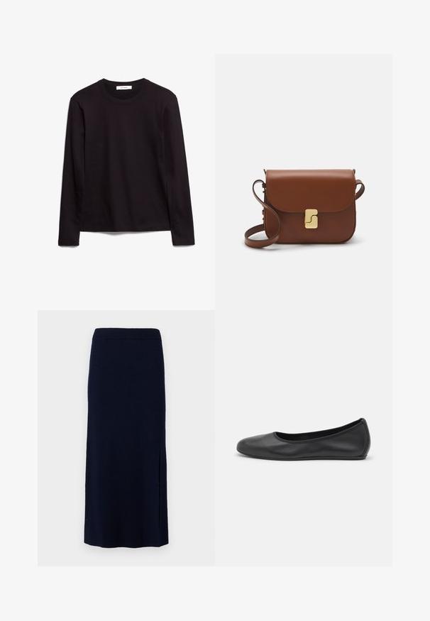Fekete hosszú ujjú környakú póló, texturált anyagból készült, egyenes szegéllyel és varrott díszítésekkel a galléron és a vállakon.; Tengerészkék kötött szoknya egyenes sziluettel, oldalsó hasítékkal a szabad mozgásért. Az anyag lágy és ruganyos.; Fekete bőr balettcipő lekerekített orral, sima tekstúrával, minimális varrással és rugalmas talp kialakítással.; Barna bőr kézitáska, hajtókás zárással, arany színű fém kiegészítőkkel, vállpánttal és sima felülettel. Kompakt téglalap alakú.