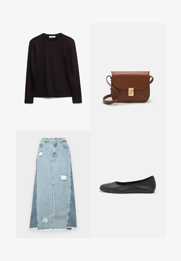 Melnas garām piedurknēm T-krekls ar apaļu kakla izgriezumu, izgatavots no teksturēta auduma, ar taisnu apakšmalu un izšūti akcenti uz apkakles un pleciem.; Denim svārki ar vieglu un tumšu zilo audumu sajaukumu, nolietotiem pleķiem, augsto jostasvietu un plūstošu apakšmalu.; Melna ādas baleta kurpe ar noapaļotu purngalu, gludu tekstūru, minimālu šuvju detalizāciju un elastīgu zoles dizainu.; Bordo ādas rokas soma ar atloku, zeltītām detaļām, plecu siksnu un gludu virsmu. Kompakta, taisnstūrveida forma.