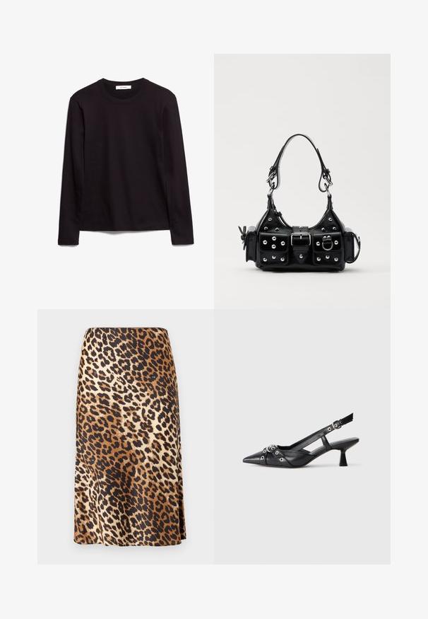 Fekete hosszú ujjú környakú póló, texturált anyagból készült, egyenes szegéllyel és varrott díszítésekkel a galléron és a vállakon.; Leopárdmintás szoknya sima, selyemhez hasonló anyagból; barna, fekete és krém színek keverékével, A-vonalú sziluettel rendelkezik.; Fekete bőr slingback cipő hegyes orral, dekoratív pántokkal, fém szemekkel és alacsony blokk sarkú. Texturált felület.; Fekete bőr kézitáska ívelt designnal, ezüst szegecsekkel, csattal és két oldalsó zsebbel. Állítható vállpánt a hordozási lehetőségekhez.