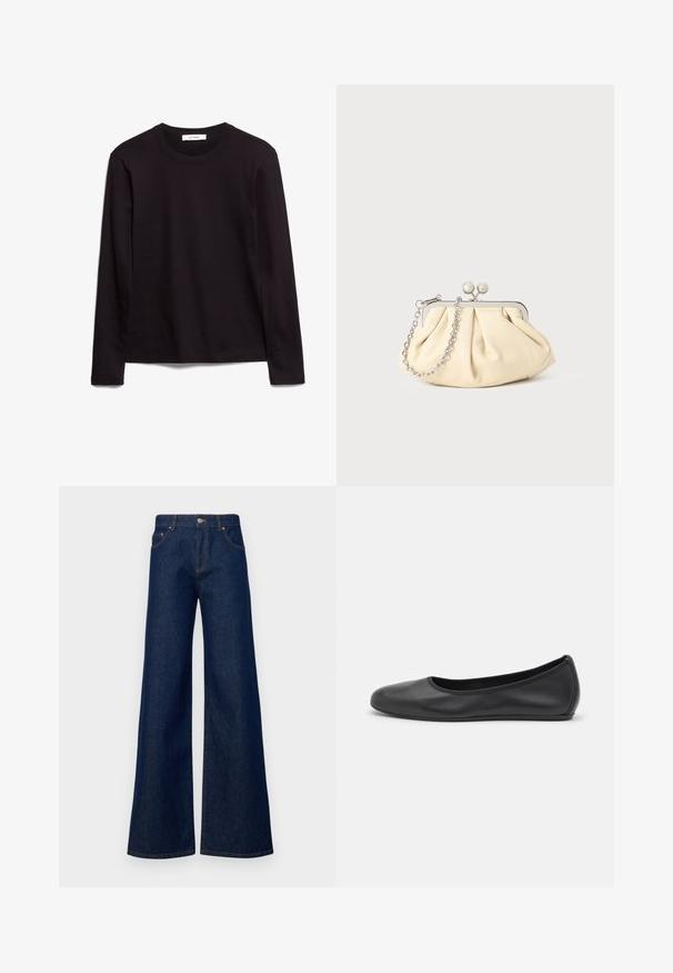Črna dolgoročna majica z okroglim izrezom, izdelana iz teksturirane tkanine, z ravnim robom in šitimi detajli na ovratniku in ramenih.; Temno modri široki krojeni kavbojke iz denima, z gumbnim zapiranjem, sprednjimi žepi in kontrastnim šivom vzdolž šivov.; Črne usnjene balerinke z zaobljenim nosom, gladko teksturo, minimalnimi šivi in fleksibilno zasnovo podplata.; Zavihani bež usnjeni nahrbtnik s srebrnim kovinskim okvirom, ki ima dve okrogli okrasni zaponki in srebrno verižico.