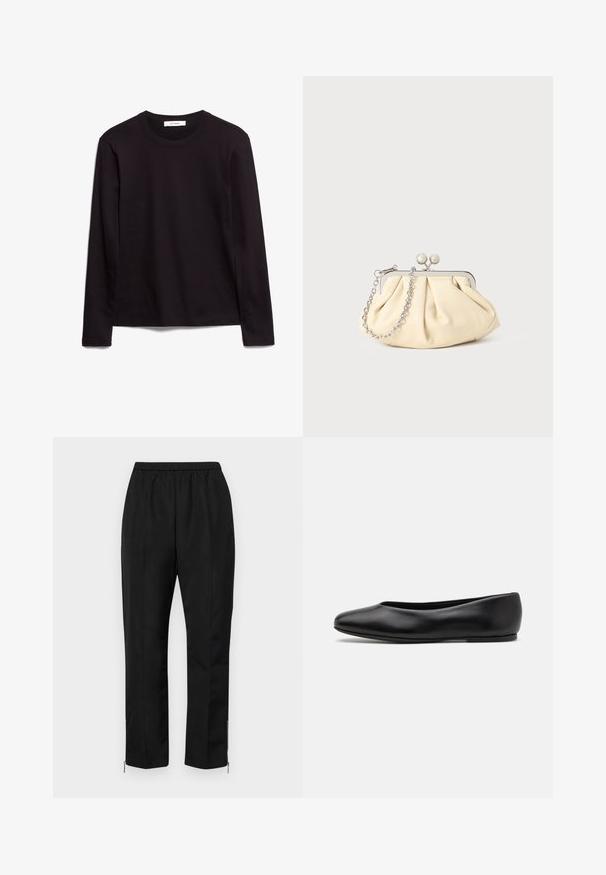 Black long-sleeve crew neck t-shirt made of textured fabric, featuring a straight hem and stitched accents on the collar and shoulders.; Black pants with an elastic waistband, straight legs, and zippers at the ankle. The fabric has a smooth texture and minimal design.; Paul Smith TOPANGA - Ballet pumps - black; Pleated beige leather clutch with a silver metal frame, featuring two round decorative clasps and a silver chain strap.
