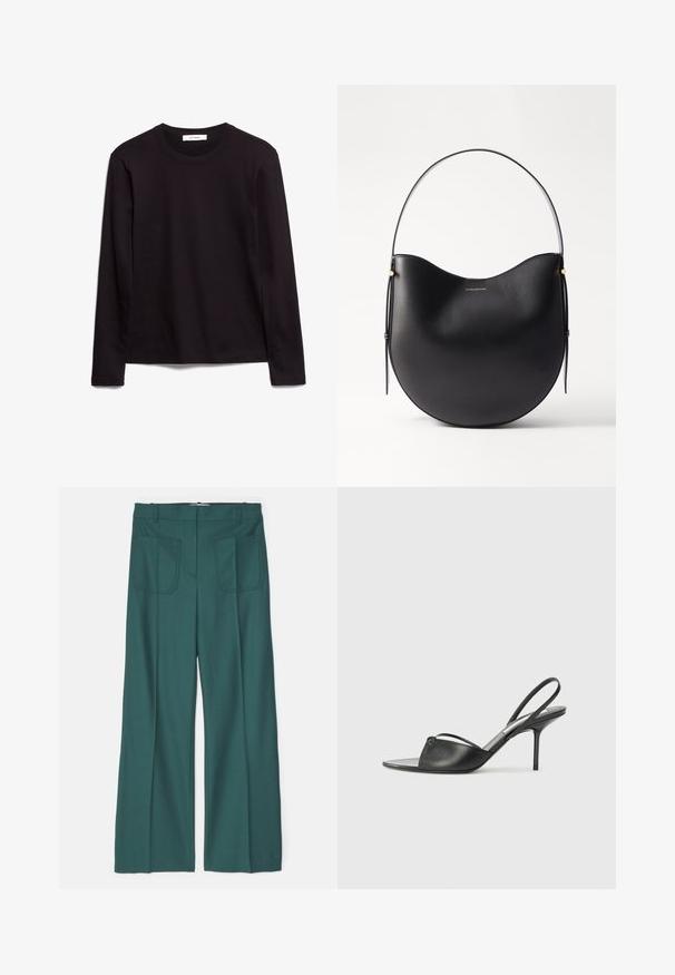 Melnas garām piedurknēm T-krekls ar apaļu kakla izgriezumu, izgatavots no teksturēta auduma, ar taisnu apakšmalu un izšūti akcenti uz apkakles un pleciem.; Victoria Beckham ALINA TROUSER - Auduma bikses - seaweed; Melnas ādas siksniņu augstpapēžu kurpes ar norādītu purngalu, plānu potītes siksniņu un stiletto papēdi. Arī ar sasietu detaļu uz vamp.; Melnas ādas plecu soma ar izliekta formu, plānu rokturi un smalkiem zelta akcentiem. Gluda tekstūra ar minimālistisku dizainu.