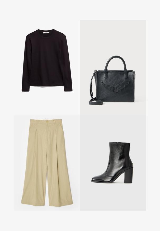 Black long-sleeve crew neck t-shirt made of textured fabric, featuring a straight hem and stitched accents on the collar and shoulders.; Beige wide-leg trousers made of lightweight fabric. Features a flat front, two side pockets, and a gold-tone triangle accent on the waistband.; Black leather ankle boot with a smooth texture, pointed toe, and a chunky high heel. Features a side opening and minimalistic design.; Black leather handbag with wing design accent. Features two rounded handles and a detachable shoulder strap. Textured surface. Compact shape.