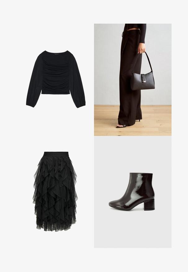 Crna bluzica dugih rukava s naboranim detaljima na prednjem dijelu i na zapešćima, izrađena od mekog, rastezljivog materijala s izrezom u obliku čamca.; Crna midi suknja od slojeng tulle s volanima. Ima elastičnu struk. Prozirna tkanina dodaje teksturu i pokret.; Crne lakirane čizme do gležnjeva s oblikom u obliku špice i debelim potplatom. Glatka tekstura s suptilnim sjajem i čistim linijama, minimalistički dizajn.; Crna torba s oblikom koji sadrži strukturu, glađu teksturu i metalnu kopču. Uparena s širokim crnim hlačama i sandalama na otvorenom s drvenog poda.