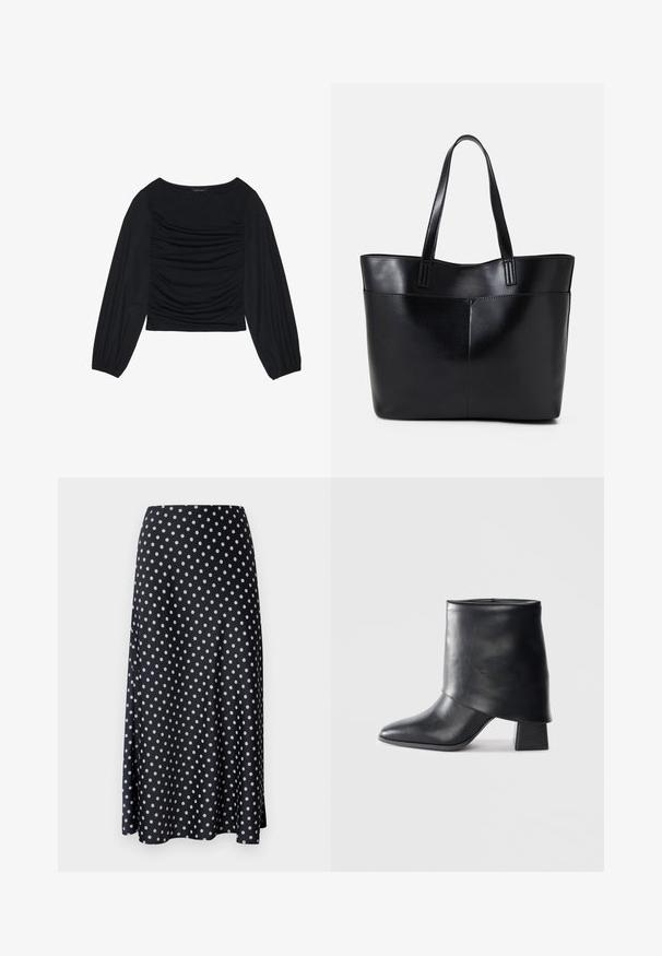 Top preto de manga longa com detalhe de tecido franzido na parte da frente e nos pulsos, feito de material suave e elástico com decote à barco.; Saia azul-marinho com estampado de bolinhas, apresentando um tecido suave e fluido, um design de comprimento médio e cintura alta com detalhe de fenda lateral.; Bota de tornozelo em couro preto com bico afilado, textura suave e um salto bloco estruturado. Apresenta um design de cano alto e dobrado.; Bolsa tote preta em couro com duas alças longas, textura suave e forma estruturada. Apresenta um bolso frontal para armazenamento adicional.