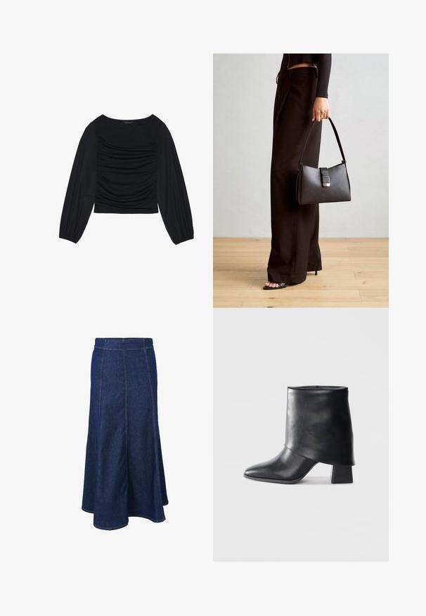 Top noir à manches longues présentant un détail de tissu froncé à l'avant et aux poignets, fabriqué en matière douce et extensible avec un col bateau.; Jupe en denim avec une taille ajustée, une coupe évasée et des détails de couture visibles. Couleur bleu foncé avec une texture lisse et des fentes latérales.; Bottine en cuir noir à bout pointu, texture lisse et talon bloc structuré. Elle se distingue par un design de revers haut et plié.; Sac à main noir à la forme structurée, texture lisse et fermoir métallique. Associé à un pantalon noir ample et des sandales ouvertes sur un sol en bois.