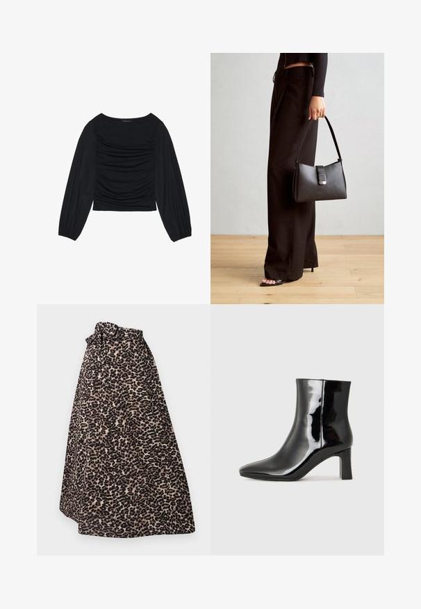 Schwarzes Langarmoberteil mit gerafftem Stoffdetail an der Vorderseite und an den Handgelenken, aus weichem, elastischem Material mit einem U-Boot-Ausschnitt.; Maxi-Rock im Leopardenmuster in Braun und Schwarz, aus weichem Stoff, mit einem gebundenen Taillenbund und einem plissierten Design für eine fließende Silhouette.; Schwarzer Lackleder-Stiefelette mit spitzer Zehe und einem mittelhohen Blockabsatz. Glatte Textur und minimalistisches Design.; Schwarze Handtasche mit strukturierter Form, glatter Textur und einem metallischen Verschluss. Kombiniert mit weiten schwarzen Hosen und offenen Sandalen auf einem Holzboden.