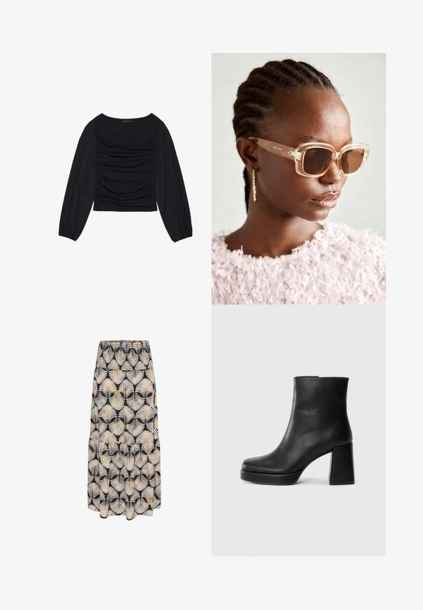 Top negro de manga larga con detalle de tela fruncida en la parte delantera y en las muñecas, confeccionado en un material suave y elástico con escote barco.; Falda negra con un patrón de hojas blancas y doradas, cinturilla fruncida, diseño fluido y detalle de dobladillo en capas. La tela parece ligera y suave.; Botín de cuero negro con tacón cuadrado y suela de plataforma, visto de lado sobre un fondo blanco liso.; Gafas de sol beige de gran tamaño con una montura transparente y lentes tintados marrones, que presentan sutiles acentos florales y un diseño geométrico audaz.