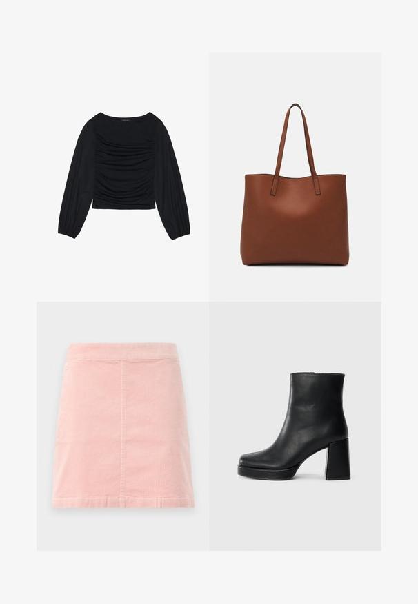 Svart langermet topp med rynket stoffdetalj foran og ved håndleddene, laget av mykt, elastisk materiale med båthals.; Rosa kordfløyels miniskjørt med en tettsittende liv og vertikal ribbet tekstur. Sømmene er rette, og det har et enkelt design uten pynt.; Sorte skinnankelsko med blokkhæl og plattformsåle, sett fra siden på en enkel hvit bakgrunn.; Brun lær tote veske med en jevn tekstur, åpen toppdesign og to skulderstropper. Har minimal søm og ingen synlige spiker.