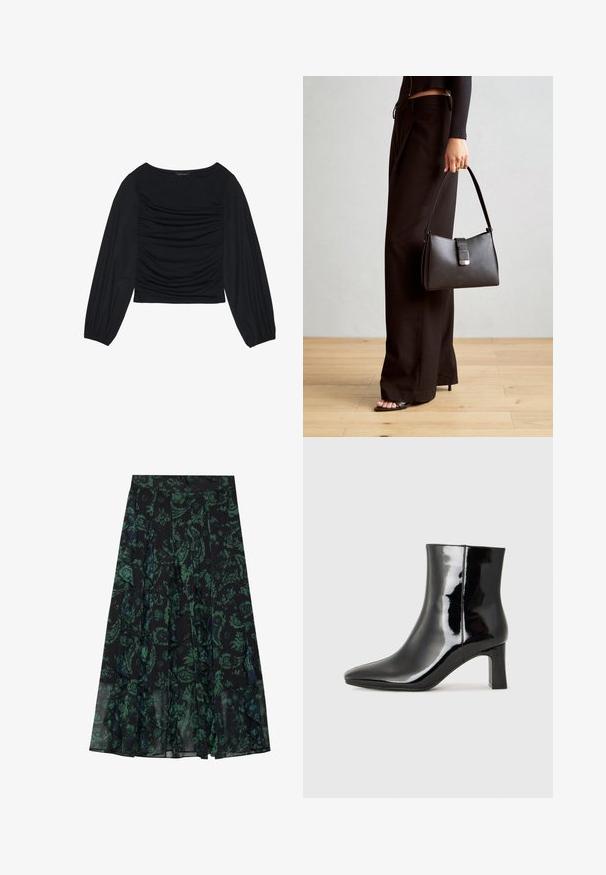 Top nero a maniche lunghe con dettaglio di tessuto arricciato sul davanti e ai polsi, realizzato in materiale morbido ed elasticizzato con scollatura a barca.; Gonna nera con motivo floreale verde, caratterizzata da bordi arruffati e pieghe. Realizzata in tessuto leggero, offre una silhouette fluida.; Stivaletto in pelle verniciata nera con punta a punta e tacco a blocco di altezza media. Texture liscia e design minimalista.; Borsa nera con forma strutturata, texture liscia e una chiusura metallica. Abbinata a pantaloni neri larghi e sandali open-toe su un pavimento in legno.