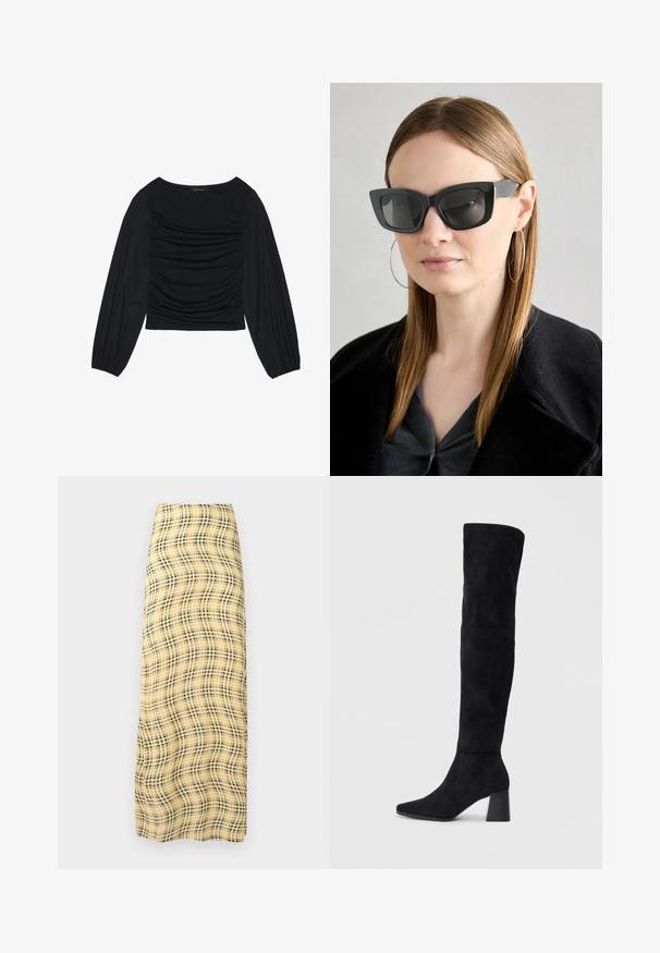 Top preto de manga longa com detalhe de tecido franzido na parte da frente e nos pulsos, feito de material suave e elástico com decote à barco.; Rabanne Saia comprida - green/yellow/cream; Bota de camurça preta até ao joelho com salto bloco, bico fino e design suave e sem costuras sobre um fundo claro.; Óculos de sol pretos em formato de gato com lentes escuras, armações grossas e acentos subtis. Usados com um casaco preto e uma blusa cinza, apresentando cabelo longo e liso.