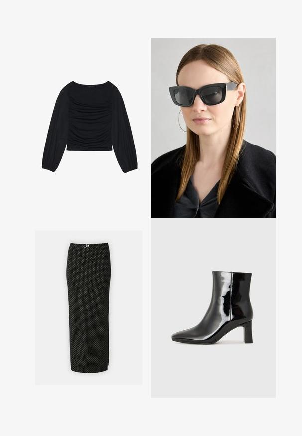 Juodas ilgomis rankovėmis viršus, su surinkta medžiaga priekyje ir ant riešų, pagamintas iš minkštos, elastingos medžiagos, su laivagalio kaklu.; Juodas pieštuko sijonas su baltais taškeliais, pagamintas iš minkštos medžiagos. Turi prigludusį dizainą ir baltą akcentą juosmenyje.; Juodos lakuotos odinės aulinukės su smailiu pirštu ir vidutinio aukščio blokuotu kulnu. Lygus paviršius ir minimalistinis dizainas.; Juodos katės akies saulės akiniai su tamsiais objektyvais, storo rėmo ir subtiliais akcentais. Dėvimi su juodu paltu ir pilku viršumi, turinčiu ilgus tiesius plaukus.