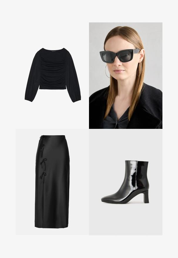 Top preto de manga longa com detalhe de tecido franzido na parte da frente e nos pulsos, feito de material suave e elástico com decote à barco.; Anna Field MIDI SKIRT - Saia lápis - black; Botim de tornozelo em pele sintética preta com bico apontado e salto bloco de altura média. Textura suave e design minimalista.; Óculos de sol pretos em formato de gato com lentes escuras, armações grossas e acentos subtis. Usados com um casaco preto e uma blusa cinza, apresentando cabelo longo e liso.