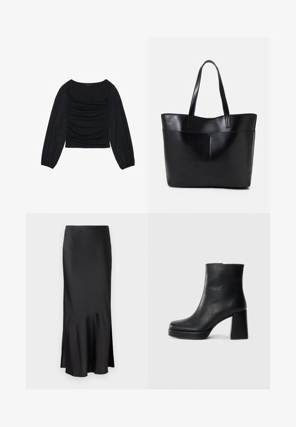 Svart långärmad topp med ruched detalj framtill och vid handleden, tillverkad av mjukt, stretchigt material med en båthals.; Svart satinmidiklänning med en slank design, som har en lätt utflarring vid fållen och en sidoklyvning för ökad rörelsefrihet. Slät textur.; Svart läderankelboot med blockklack och platåsula, sedd från sidan på en enkel vit bakgrund.; Svart läder tote-väska med två långa handtag, en slät yta och en strukturerad form. Har en framficka för extra förvaring.