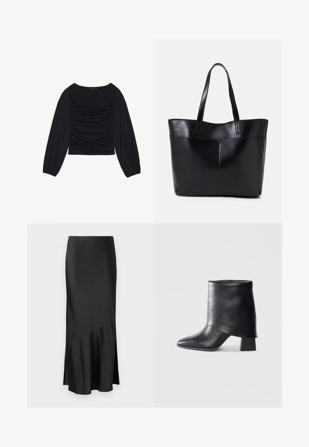 Must mustaga, millel on ees ja randmetel kokku tõmmatud kangadetailid, valmistatud pehmest ja venivast materjalist ning paadi kaelusega.; Mustmust midi seelik, millel on sujuv disain, kergelt laienev alumine äär ja külgmine lõhik liikumisvabaduse tagamiseks. Sile tekstuur.; Mustad nahast pahkluuring, millel on terav varvas, sile tekstuur ja struktureeritud plokknakk. Omab kõrget, volditud suud.; Must mustaga musta nahast, millel on kaks pikka kanda, sile tekstuur ja struktureeritud kuju. Esipoolsel on lisakoti jaoks tasku.