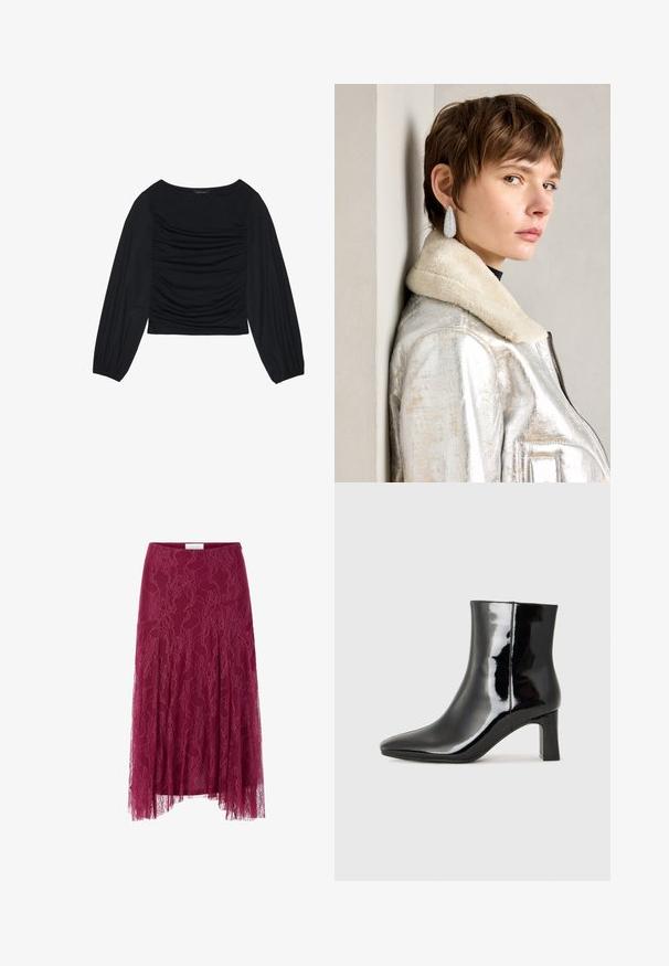 Top negro de manga larga con detalle de tela fruncida en la parte delantera y en las muñecas, confeccionado en un material suave y elástico con escote barco.; Falda de encaje burdeos con patrón floral, con una capa de tejido transparente y diseño plisado. Presenta una cinturilla ajustada y una silueta fluida.; Botín de charol negro con punta afilada y un tacón de bloque de altura media. Textura suave y diseño minimalista.; Chaqueta de cuero metálico plateada con cuello de borreguillo, que presenta un cierre de cremallera y superficie texturizada. Pendientes grandes en forma de gota con piedras preciosas claras.