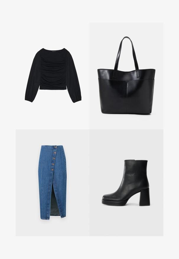 Črn top z dolgimi rokavi, ki se ponaša z nabranimi detajli na sprednji strani in zapestjih. Narejen je iz mehkega, raztegljivega materiala z obliko čolnastega izreza.; Jeanska krilna suknja v srednji modri barvi z razporkom spredaj, ki ima ob strani šest rjavih gumbov. Gladka tekstura in prilegnjen dizajn.; Črne usnjene gležnjarje z blok peto in platformo, prikazane s strani na enobarvni beli podlagi.; Črna usnjena torba z dvema dolgima ročajema, gladko teksturo in strukturirano obliko. Ima sprednji žep za dodatno shranjevanje.