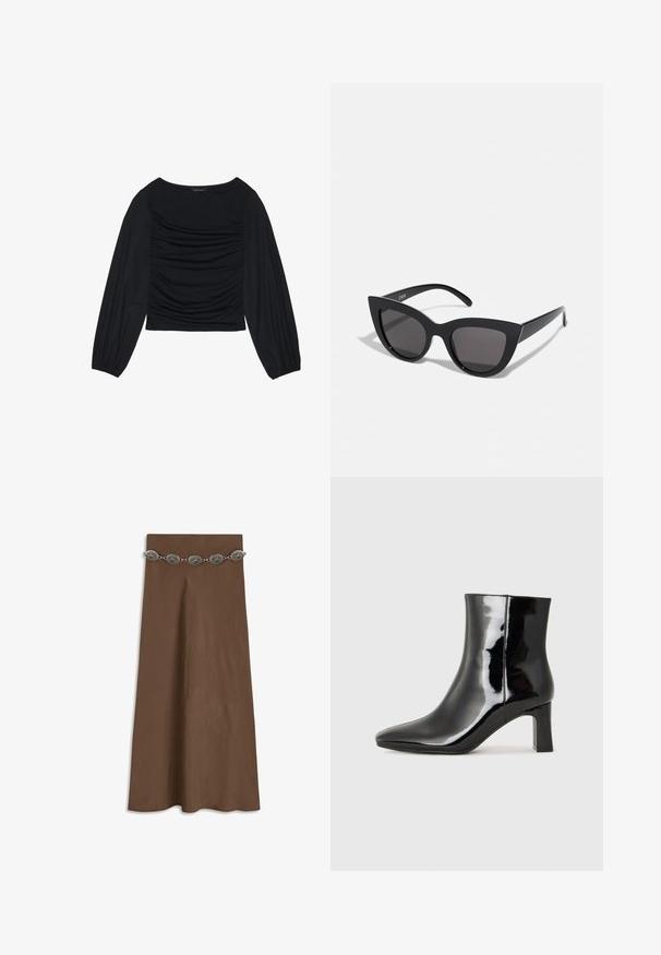 Top noir à manches longues présentant un détail de tissu froncé à l'avant et aux poignets, fabriqué en matière douce et extensible avec un col bateau.; Jupe marron avec une texture lisse et une ceinture décorative à motif de feuilles argentées à la taille, s'évasant légèrement en silhouette A.; Bottines en cuir verni noir avec un bout pointu et un talon block de hauteur moyenne. Texture lisse et design minimaliste.; Lunettes de soleil noires en forme d'œil de chat avec une finition mate, dotées de verres teintés gris, d'angles aigus et de branches élégantes. Nom de la marque visible sur la branche intérieure.