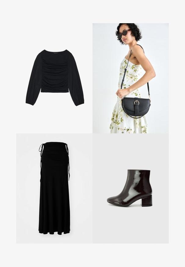 Melna garā piedurkne tops ar savilktām auduma detaļām priekšā un pie plaukstām, izgatavots no mīksta, elastīga materiāla ar laivu kakla izgriezumu.; Melna, potītes garuma kleita, izgatavota no mīkstas, elastīgas auduma, ar savilktu krūšu daļu un regulējamām saitēm sānos, radot plūstošu siluetu.; Melnas lakotas ādas potītes zābaki ar smailu purngalu un masīvu papēdi. Gluda tekstūra ar vieglu spīdumu un vienkāršām līnijām, minimālistisks dizains.; Melnas ādas rokassoma ar izliekta formu, noņemamu siksnu un zelta aksesuāriem. Somai ir vāciņš ar sprādzes detaļu.