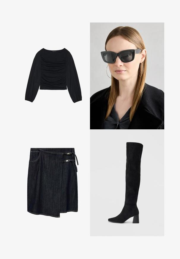 Top negro de manga larga con detalle de tela fruncida en la parte delantera y en las muñecas, confeccionado en un material suave y elástico con escote barco.; Mango PINA - Falda cruzada - royal blue; Bota de ante negra hasta la rodilla con tacón cuadrado, puntera afilada y diseño liso y sin costuras sobre un fondo claro.; Gafas de sol de gato negro con lentes oscuros, montura gruesa y acentos sutiles. Llevadas con un abrigo negro y una blusa gris, presentando cabello largo y liso.