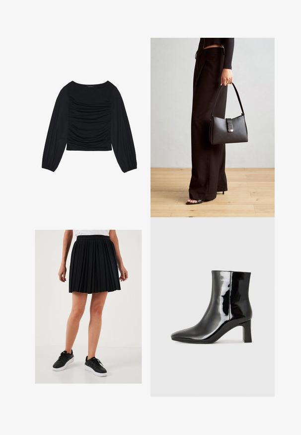 Zwarte longsleeve top met geplooid stofdetail aan de voorkant en bij de polsen, gemaakt van zachte, rekbare stof met een barco neckline.; Zwarte geplooide rok met een hoge taille en een gladde textuur, gecombineerd met zwarte sneakers met witte zolen.; Zwarte gepolijste leren enkellaars met een spitse neus en een blokhak van gemiddelde hoogte. Glad textuur en minimalistisch ontwerp.; Zwarte handtas met gestructureerde vorm, gladde textuur en een metalen sluiting. Gecombineerd met brede zwarte broeken en sandalen met open teen op een houten vloer.