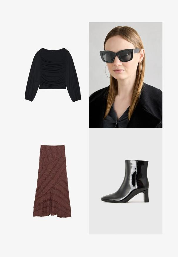 Top nero a maniche lunghe con dettaglio di tessuto arricciato sul davanti e ai polsi, realizzato in materiale morbido ed elasticizzato con scollatura a barca.; Gonna marrone texturizzata con un design a strati e a onde e motivi diagonali, con accenti a balze lungo i bordi e una silhouette svasata.; Stivaletto in pelle verniciata nera con punta a punta e tacco a blocco di altezza media. Texture liscia e design minimalista.; Occhiali da sole a forma di occhio di gatto neri con lenti scure, montatura spessa e dettagli sottili. Indossati con un cappotto nero e una maglia grigia, con capelli lunghi e lisci.