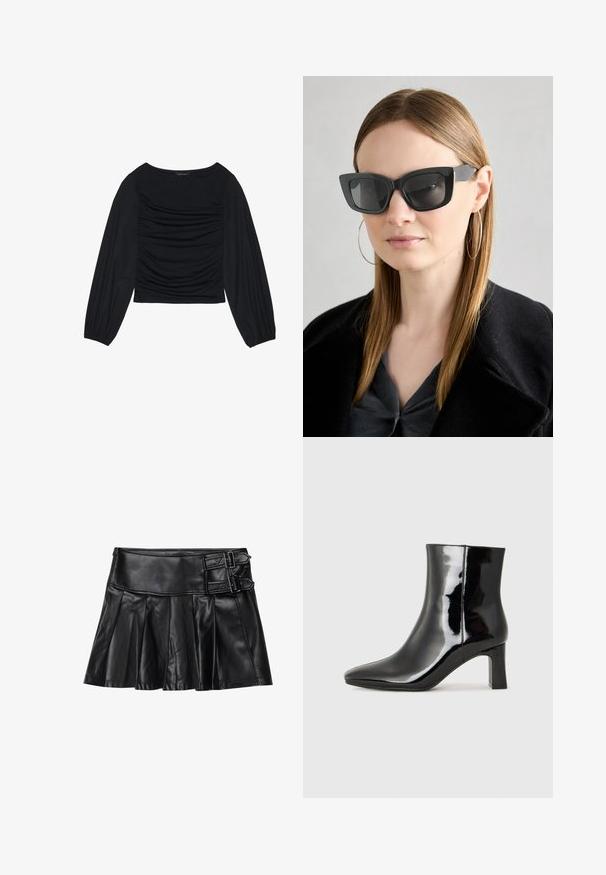 Crna bluzica dugih rukava s naboranim detaljima na prednjem dijelu i na zapešćima, izrađena od mekog, rastezljivog materijala s izrezom u obliku čamca.; Crna kožna suknja s plisovima, širokim pojasom i dva akcenta s kopčama sa strane. Glatka tekstura s sjajnim završetkom.; Crne lakirane kožne gležnjače s šiljastim prstom i srednje visokom blok petom. Glatka tekstura i minimalistički dizajn.; Crne mačje naočale s tamnim staklima, debelim okvirima i suptilnim detaljima. Nosit će se s crnim kaputom i sivoj majici, s dugom ravnom kosom.