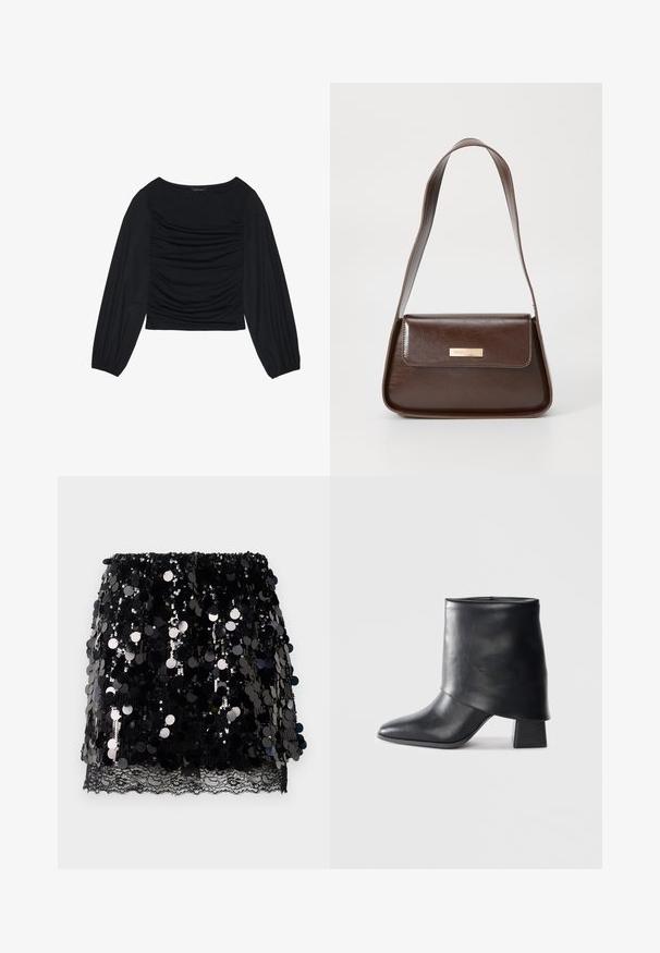 Musta pitkähihainen paita, jossa on kyynärpäissä ja edessä rypytetty kangasdetalji. Valmistettu pehmeästä, joustavasta materiaalista ja avokorcista kaula-aukosta.; Mustat mini-hameet, joissa on suuria kiiltäviä paljetteja kerroksittain herkän mustan pitsireunuksen päällä, levitettyinä valkoiselle taustalle.; Mustat nahka nilkkurit, joissa on terävä kärki, sileä pinta ja jämäkkä lohkosaapas. Ominaisuuksia korkea, taitettu varren muotoilu.; Ruskea nahkainen olkalaukku, jossa on rakenteellinen muotoilu, ja jossa on magneettinen läppäkiinnitys sekä metallinen logo korostus edessä.