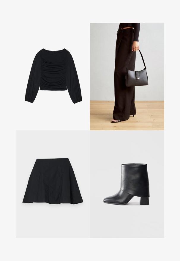 Melna garā piedurkne tops ar savilktām auduma detaļām priekšā un pie plaukstām, izgatavots no mīksta, elastīga materiāla ar laivu kakla izgriezumu.; Melnā platā svārku ar gludu tekstūru, ar vertikālām krokojumiem un vienkāršu dizainu. Apakšmalai ir nedaudz asimetrisks profils.; Melnas ādas potītes zābaki ar norādītu purngalu, gludu tekstūru un strukturētu blokveida papēdi. Iezīmē augstu, salocītu apkakles dizainu.; Melnā somiņa ar strukturētu formu, gludu tekstūru un metālu sprādzi. Saskaņota ar platām melnām biksēm un sandālēm ar atvērtu purngalu uz koka grīdas.